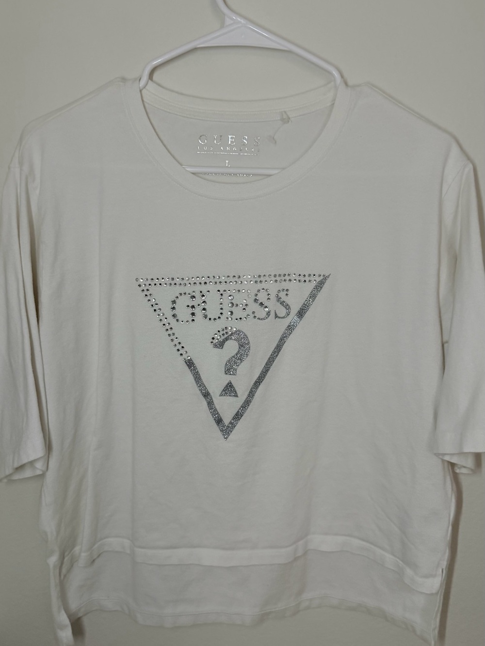 GUESS White Short Sleeve Tee with Silver Crystal Triangle Logo
